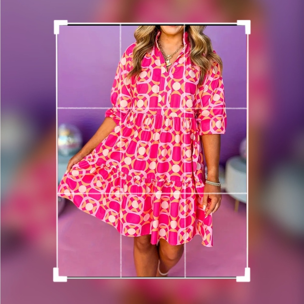 NEW! Watermelon Color Floral V Neck Ruffled Knee Length Flowy Dress! - Picture 2 of 6